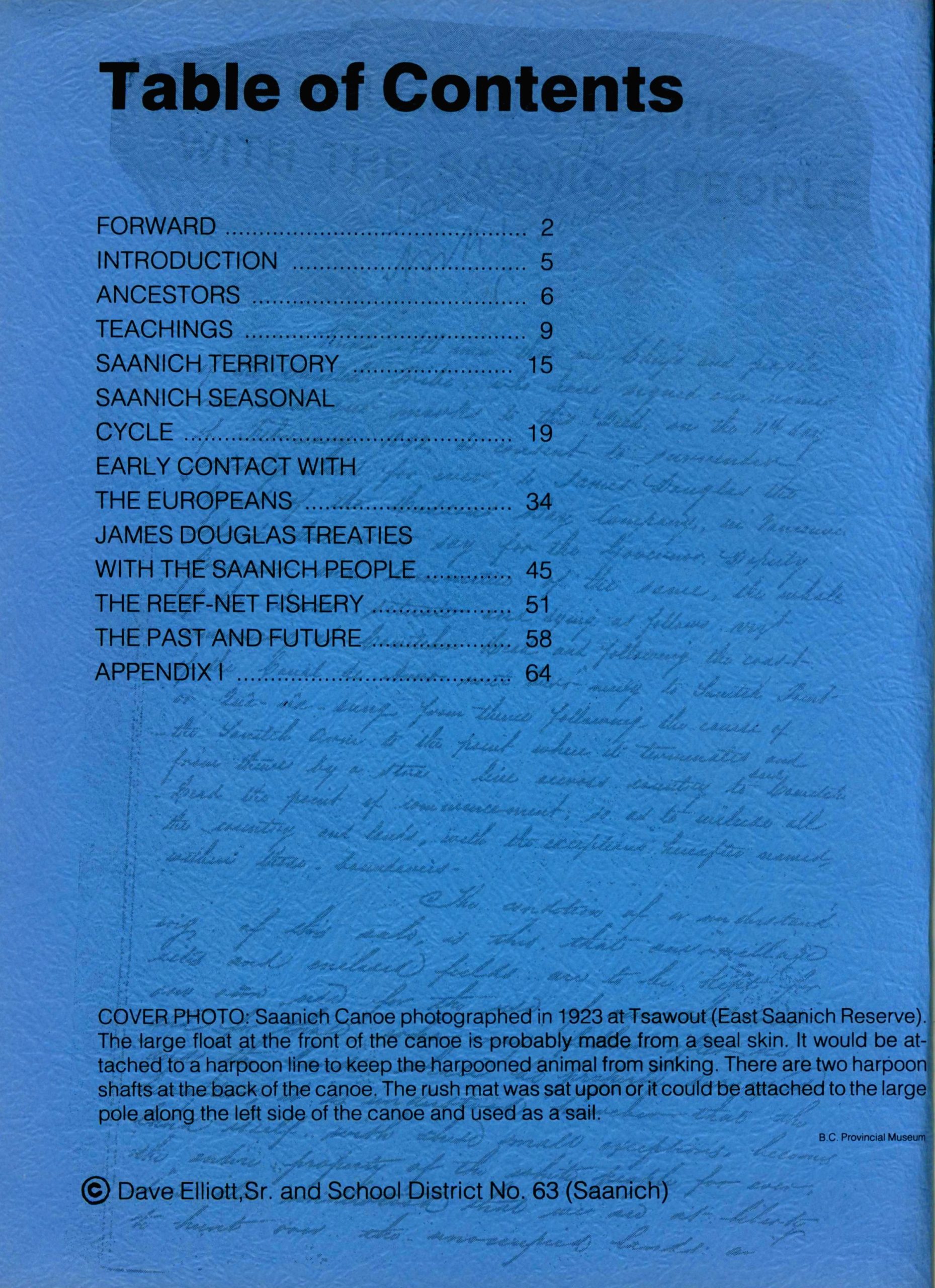 Inside front cover, table of contents. Transcribed.